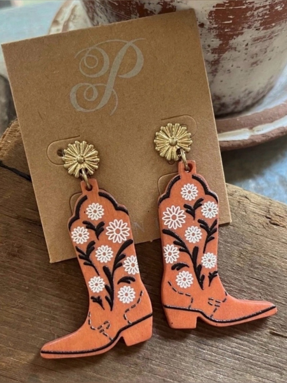 Plunder Orange Floral Cowboy Boot Drop Earrings NEW